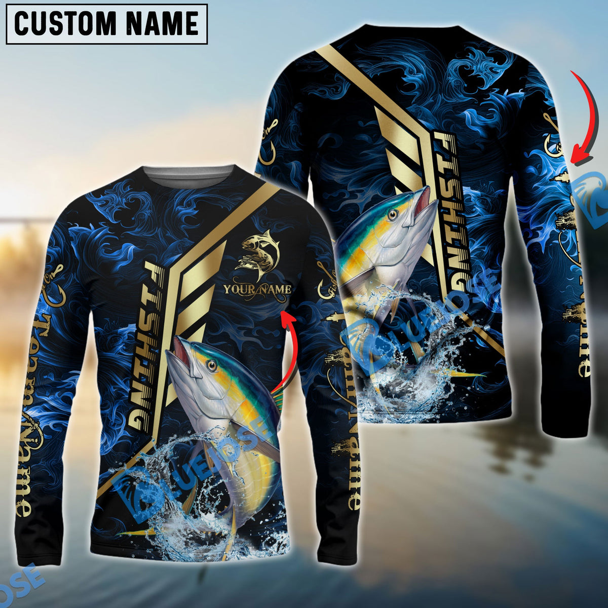 Bluejose Tuna Fishing Gold Smoke Premium Sport Style Custom Name &amp; Team Name 3D Shirts