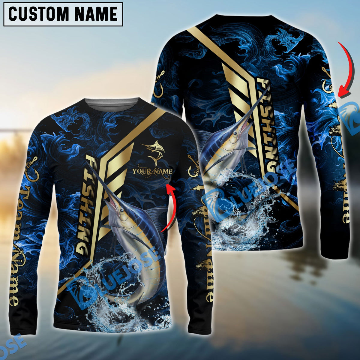 Bluejose Marlin Fishing Gold Smoke Premium Sport Style Custom Name &amp; Team Name 3D Shirts