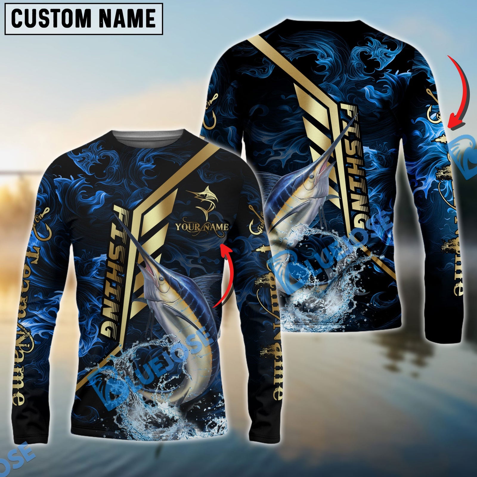 Bluejose Marlin Fishing Gold Smoke Premium Sport Style Custom Name & Team Name 3D Shirts