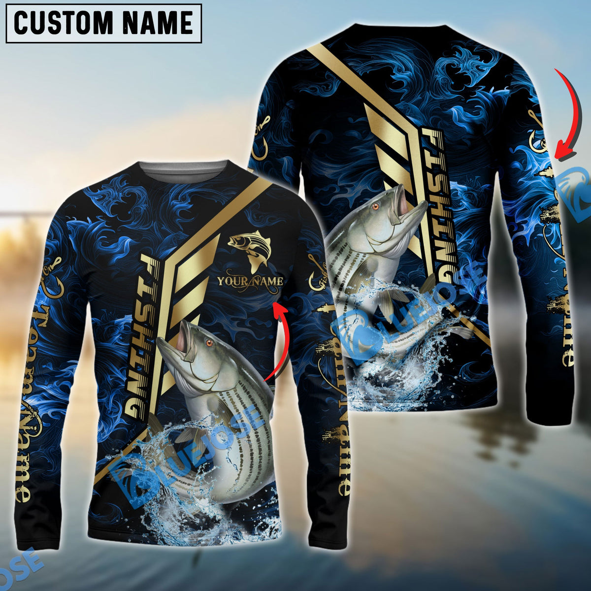 Bluejose Striped Bass Fishing Gold Smoke Premium Sport Style Custom Name &amp; Team Name 3D Shirts