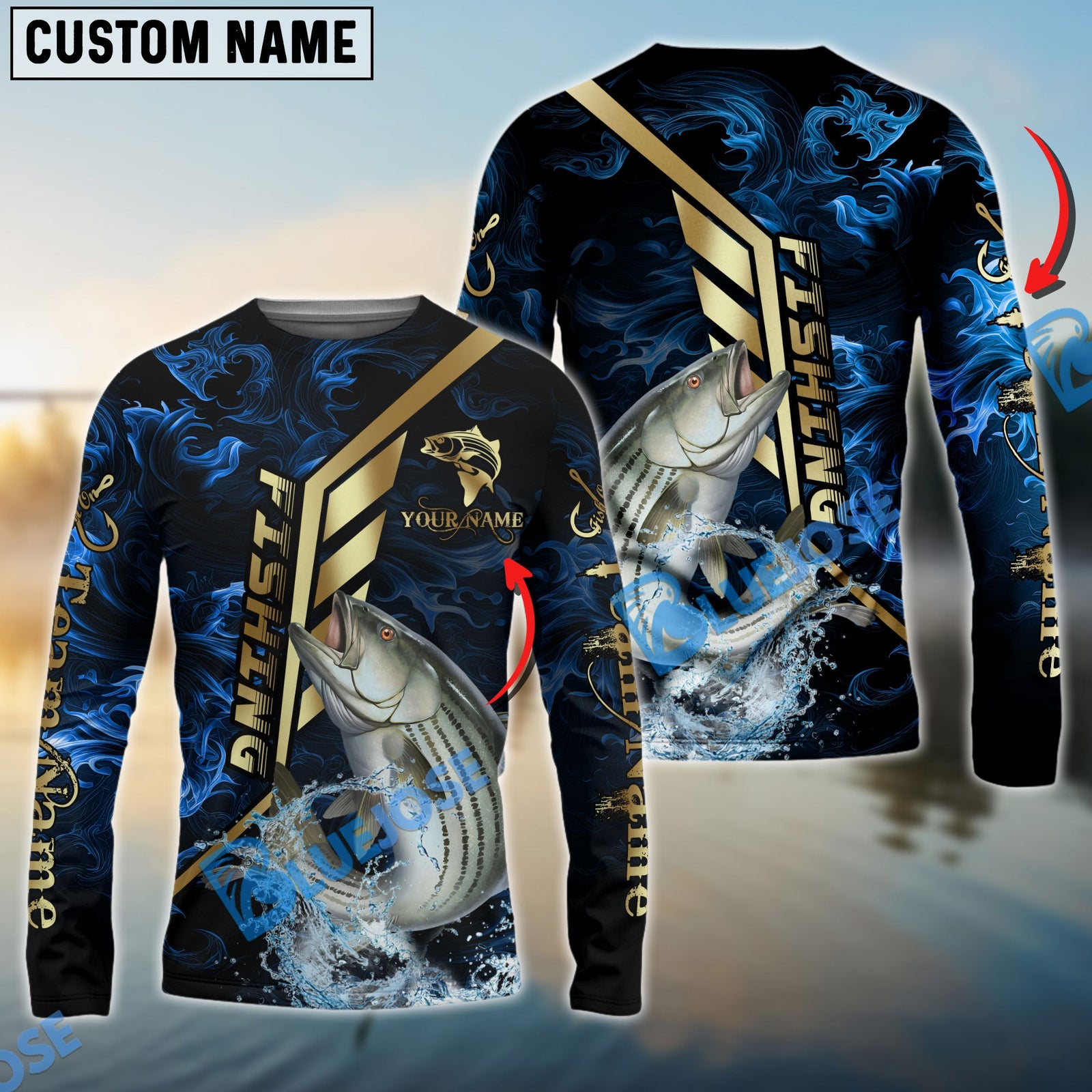Bluejose Striped Bass Fishing Gold Smoke Premium Sport Style Custom Name & Team Name 3D Shirts