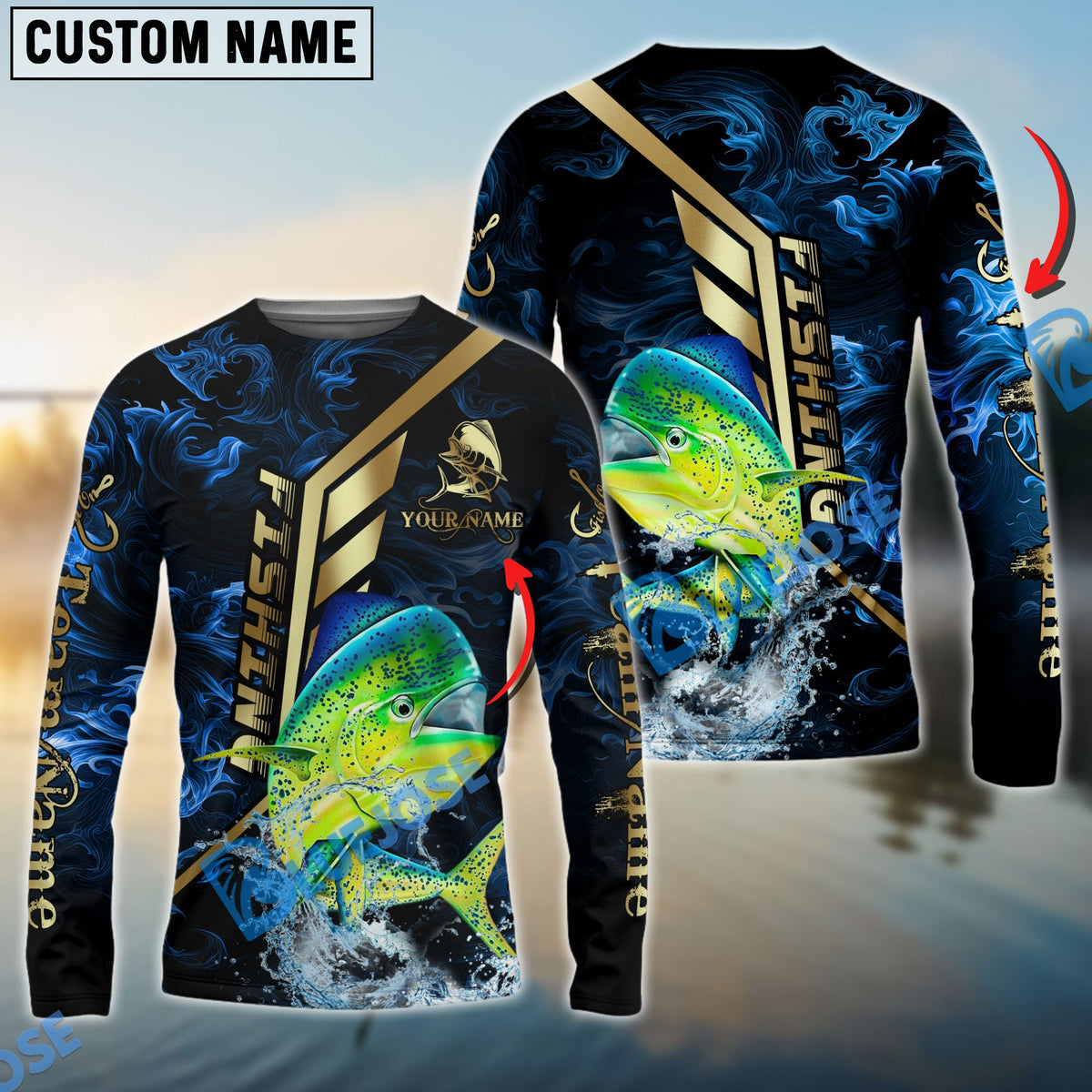 Bluejose Mahi-Mahi Fishing Gold Smoke Premium Sport Style Custom Name &amp; Team Name 3D Shirts