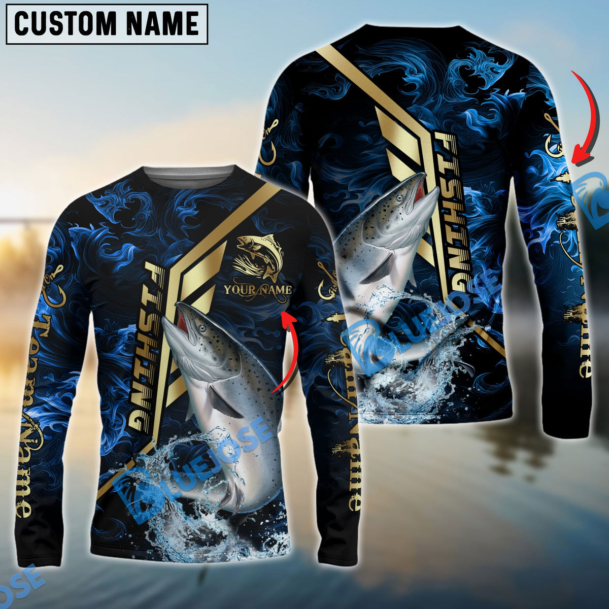 Bluejose Salmon Fishing Gold Smoke Premium Sport Style Custom Name &amp; Team Name 3D Shirts