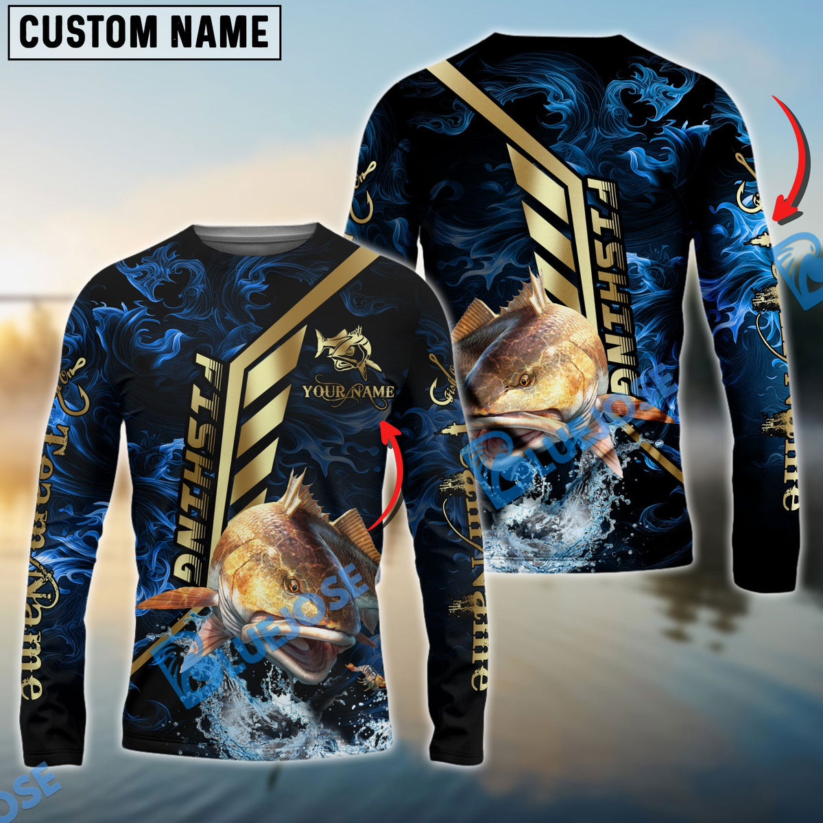 Bluejose Redfish Fishing Gold Smoke Premium Sport Style Custom Name &amp; Team Name 3D Shirts