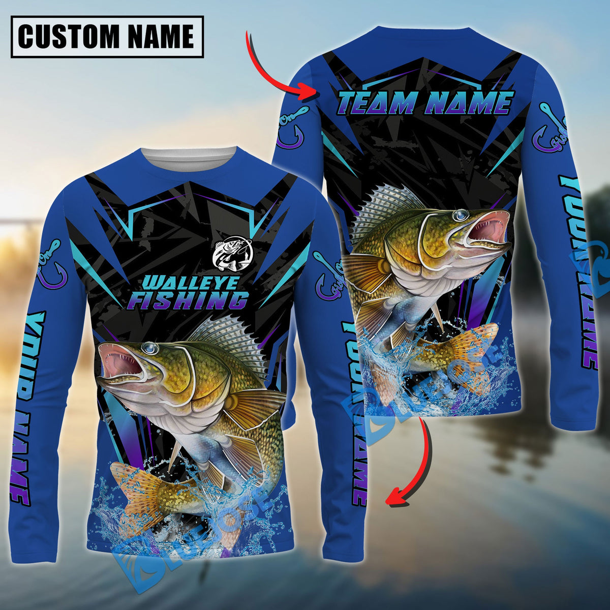 Bluejose Walleye Fishing Neon Sport Jersey Style Custom Name &amp; Team Name 3D Shirts