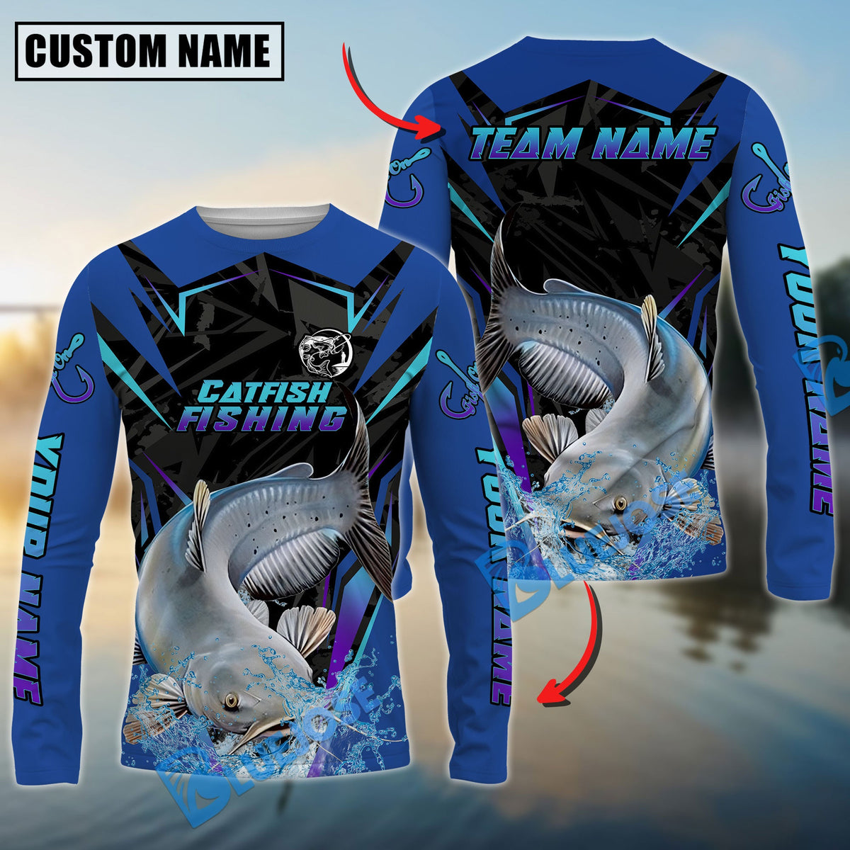 Bluejose Catfish Fishing Neon Sport Jersey Style Custom Name &amp; Team Name 3D Shirts