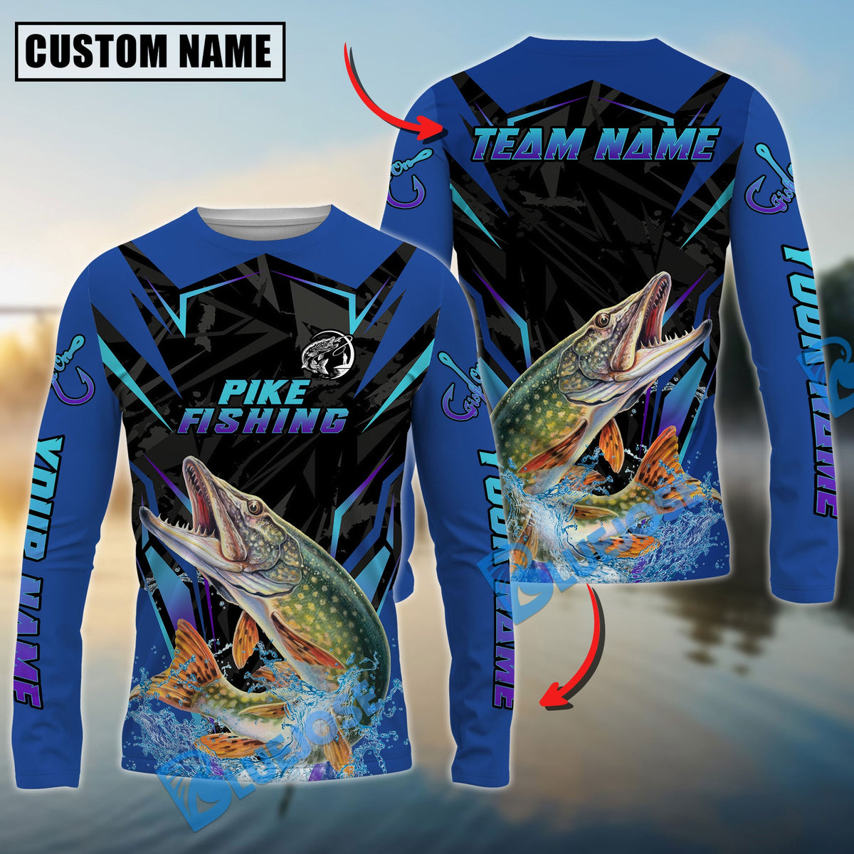 Bluejose Pike Fishing Neon Sport Jersey Style Custom Name &amp; Team Name 3D Shirts