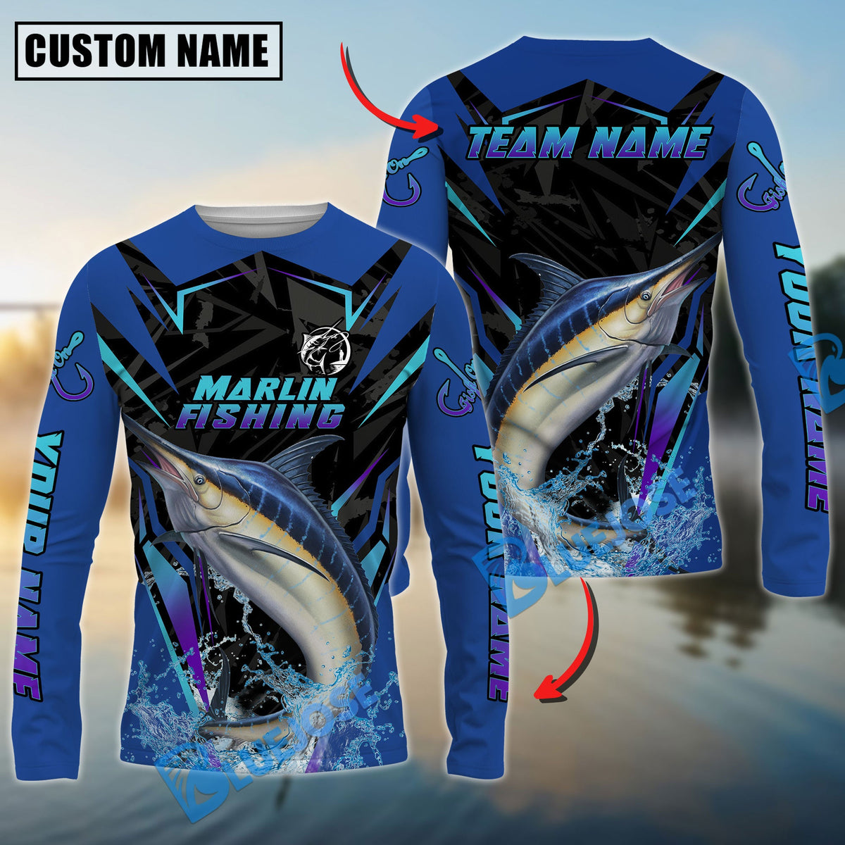 Bluejose Marlin Fishing Neon Sport Jersey Style Custom Name &amp; Team Name 3D Shirts