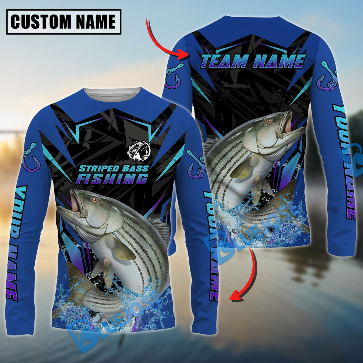Bluejose Striped Bass Fishing Neon Sport Jersey Style Custom Name &amp; Team Name 3D Shirts