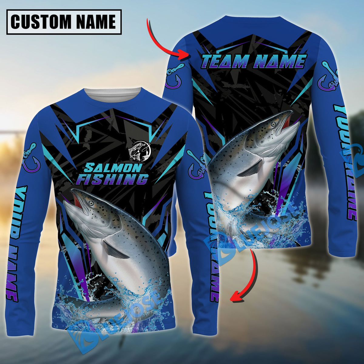 Bluejose Salmon Fishing Neon Sport Jersey Style Custom Name &amp; Team Name 3D Shirts