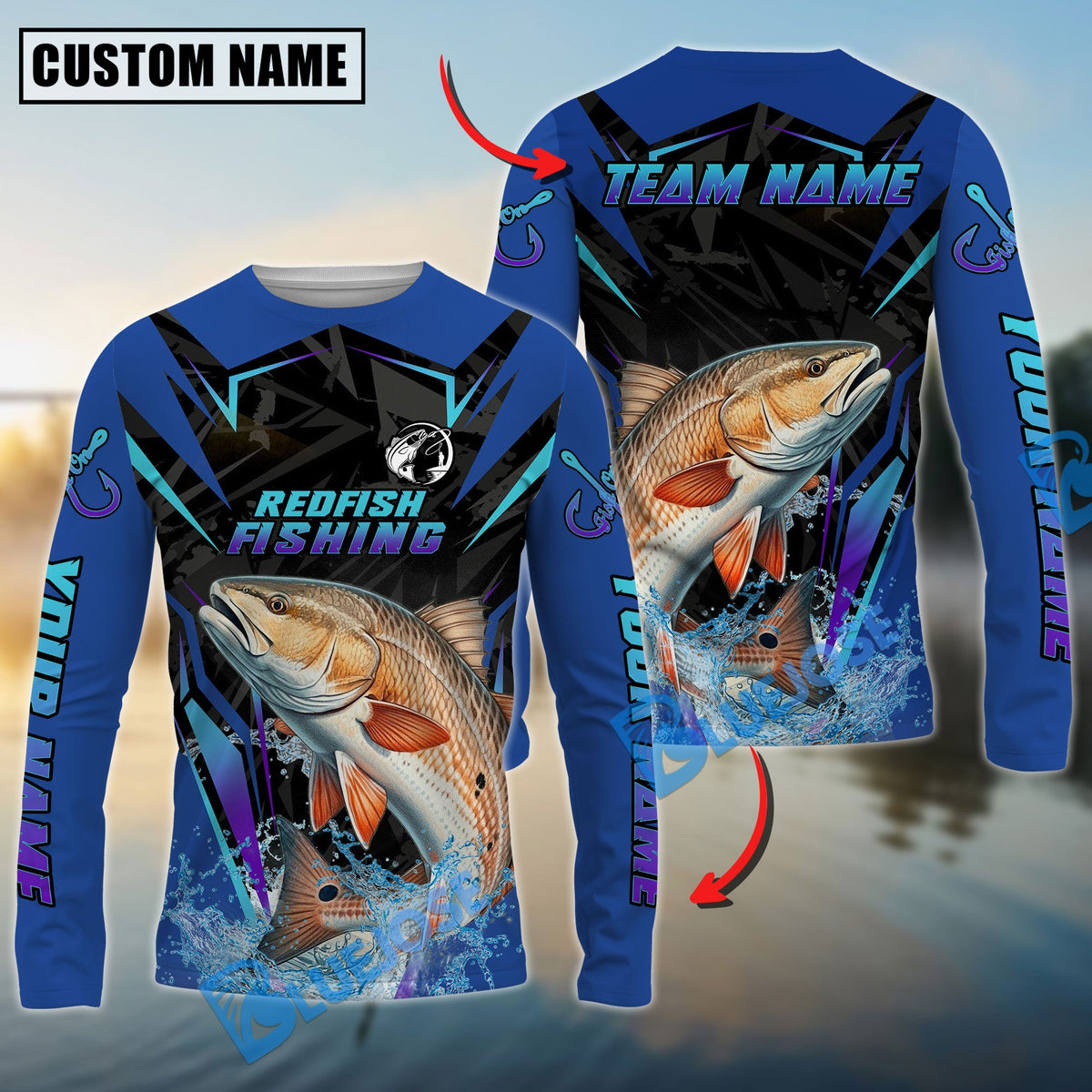 Bluejose Redfish Fishing Neon Sport Jersey Style Custom Name &amp; Team Name 3D Shirts
