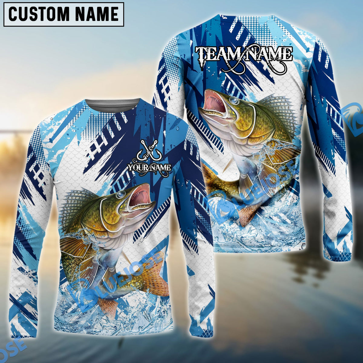 Bluejose Walleye Fishing Blue Water Splash Scale Pattern Custom Name &amp; Team Name 3D Shirts