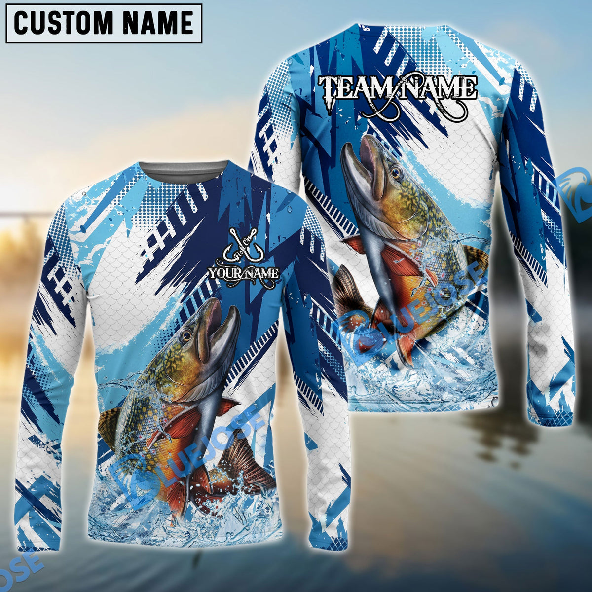 Bluejose Trout Fishing Blue Water Splash Scale Pattern Custom Name &amp; Team Name 3D Shirts