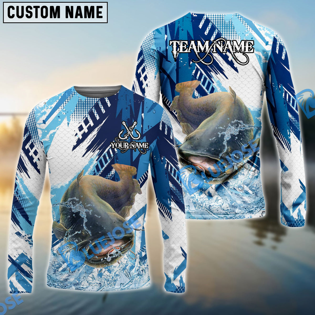 Bluejose Catfish Fishing Blue Water Splash Scale Pattern Custom Name &amp; Team Name 3D Shirts