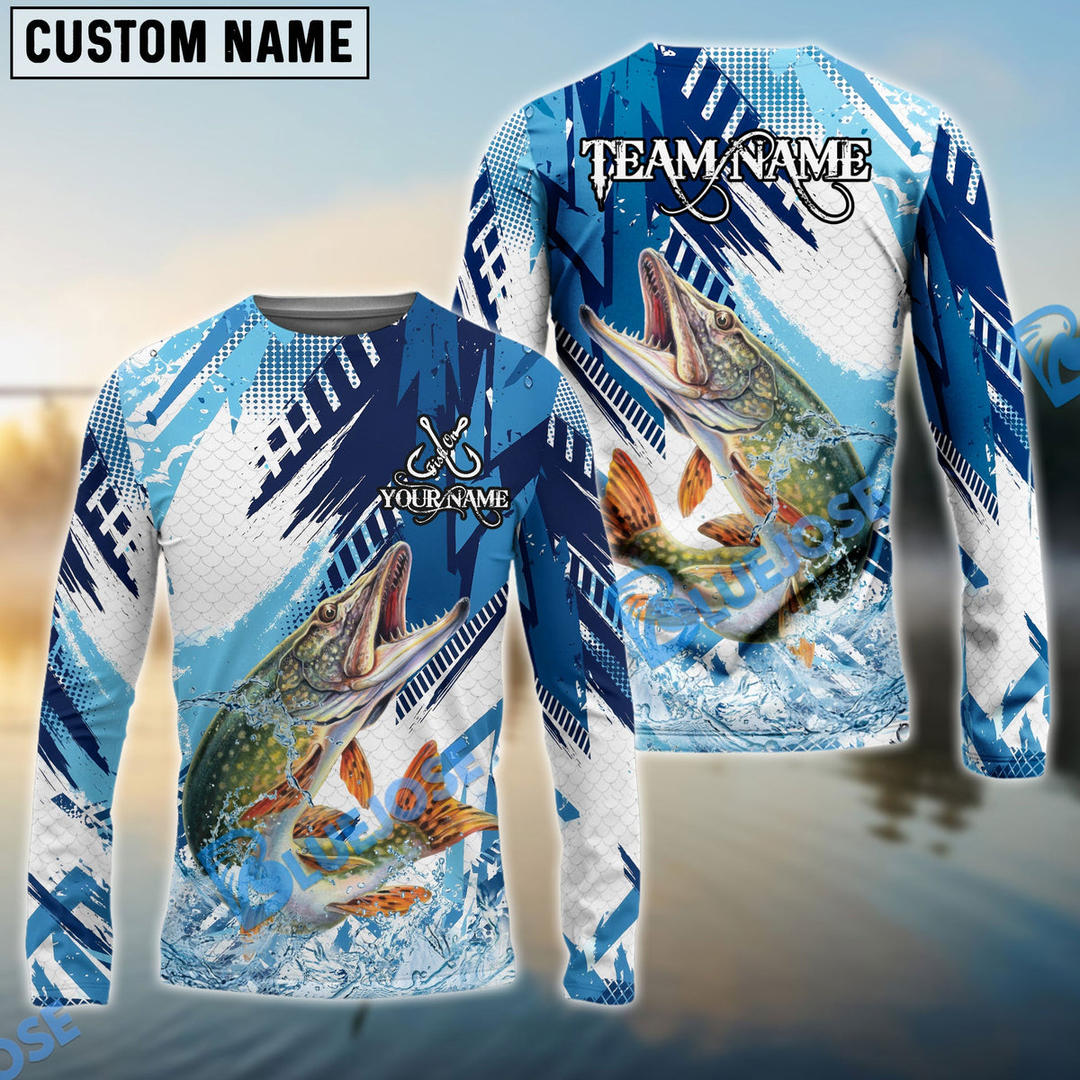 Bluejose Pike Fishing Blue Water Splash Scale Pattern Custom Name &amp; Team Name 3D Shirts