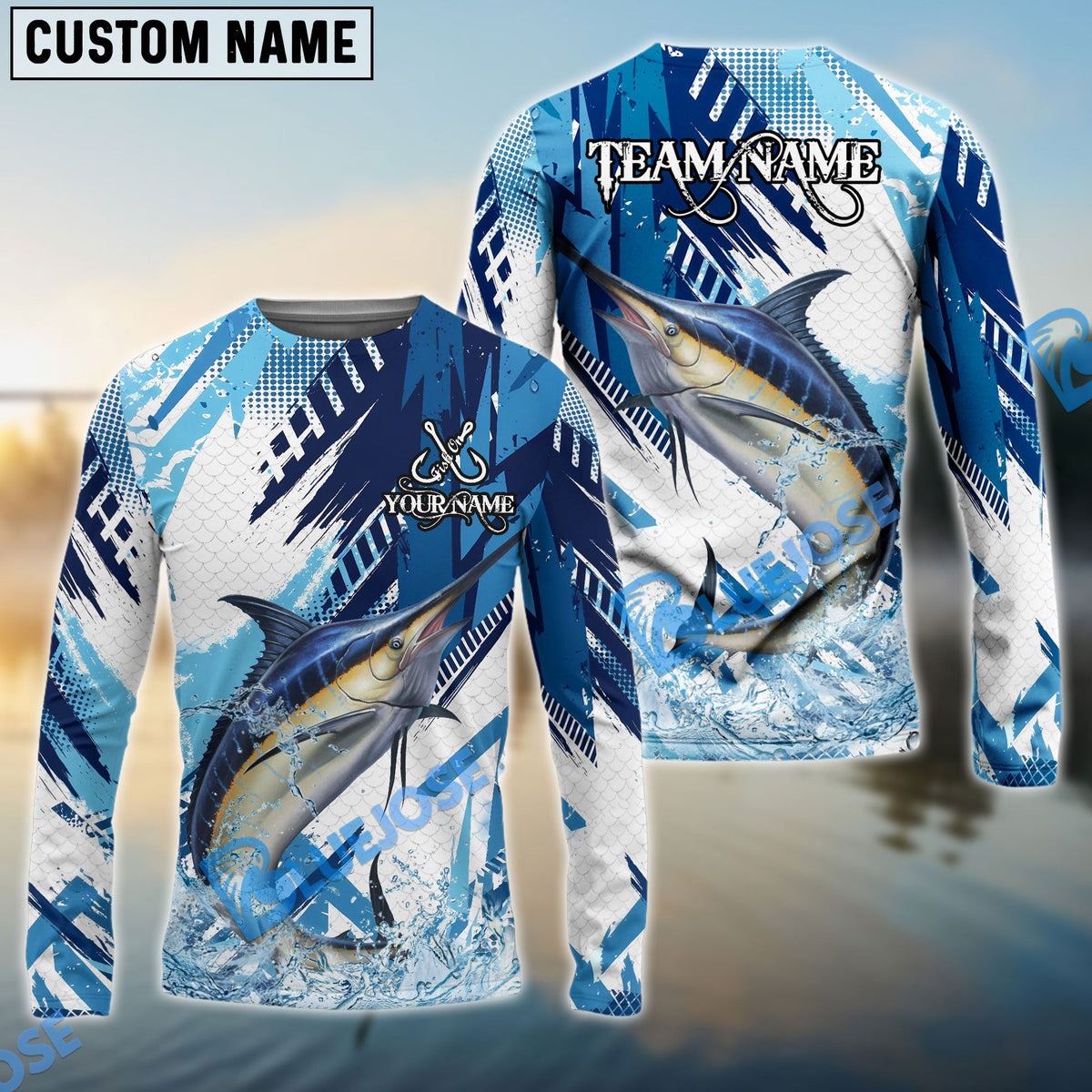 Bluejose Marlin Fishing Blue Water Splash Scale Pattern Custom Name &amp; Team Name 3D Shirts