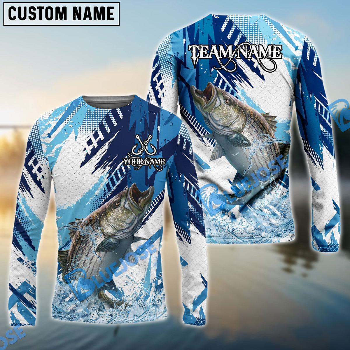 Bluejose Striped Bass Fishing Blue Water Splash Scale Pattern Custom Name &amp; Team Name 3D Shirts