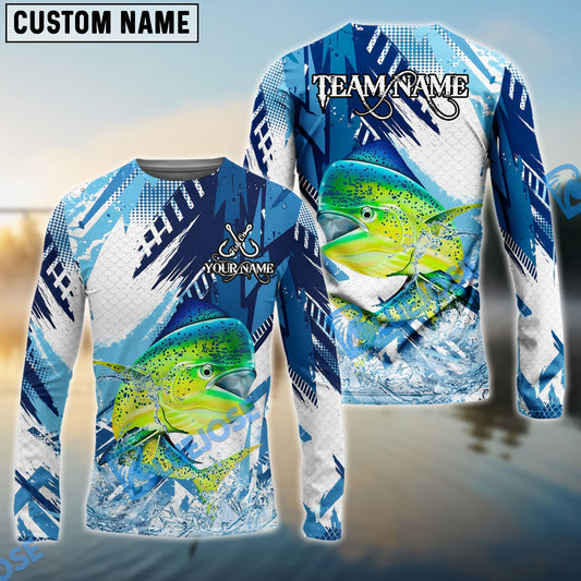 Bluejose Mahi-Mahi Fishing Blue Water Splash Scale Pattern Custom Name & Team Name 3D Shirts