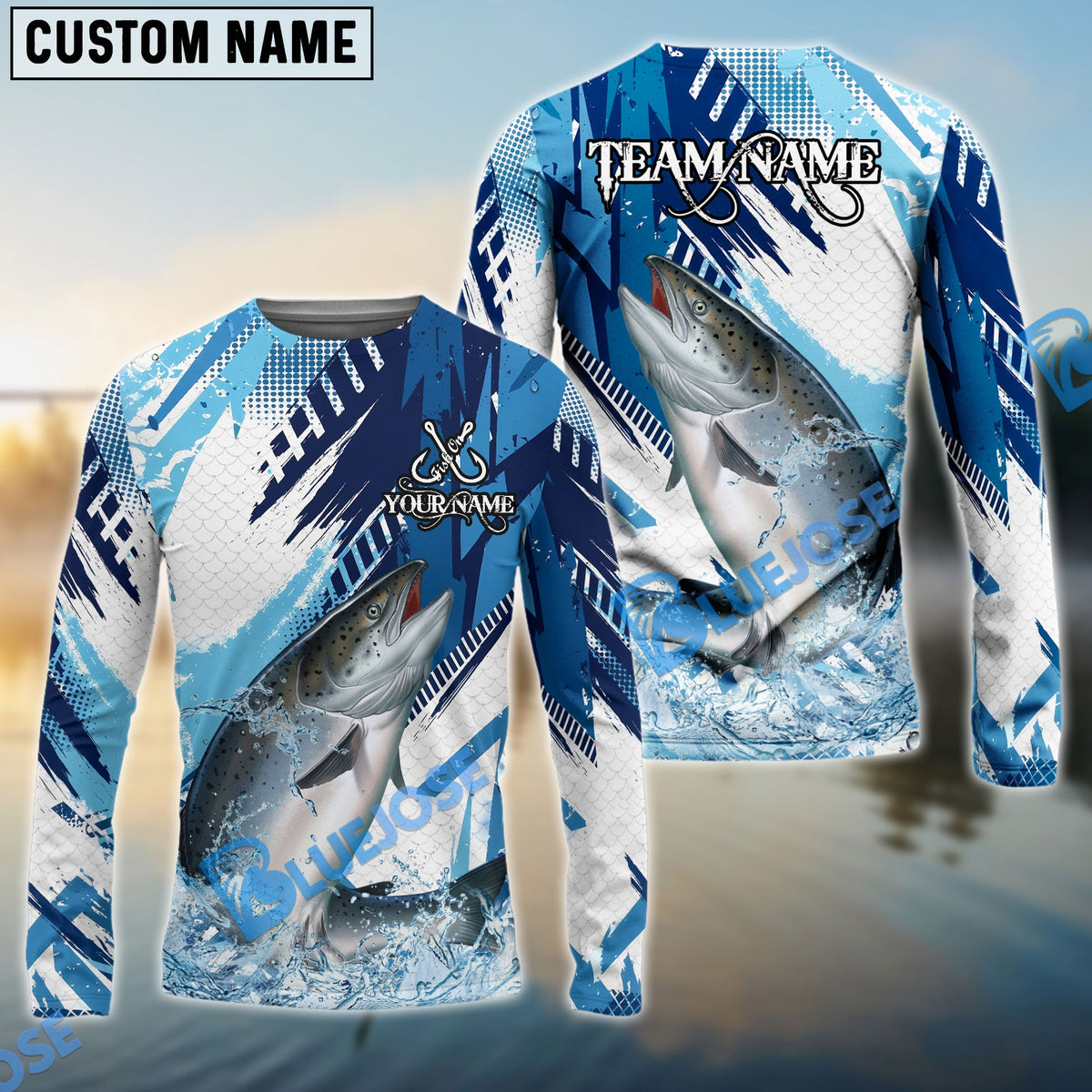 Bluejose Salmon Fishing Blue Water Splash Scale Pattern Custom Name &amp; Team Name 3D Shirts