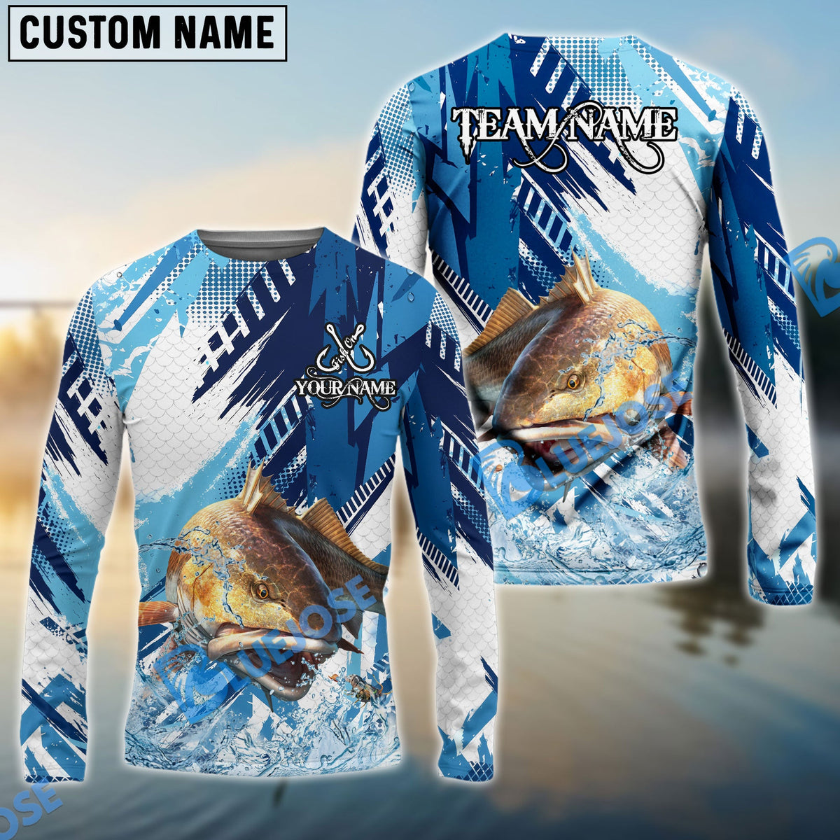 Bluejose Redfish Fishing Blue Water Splash Scale Pattern Custom Name &amp; Team Name 3D Shirts
