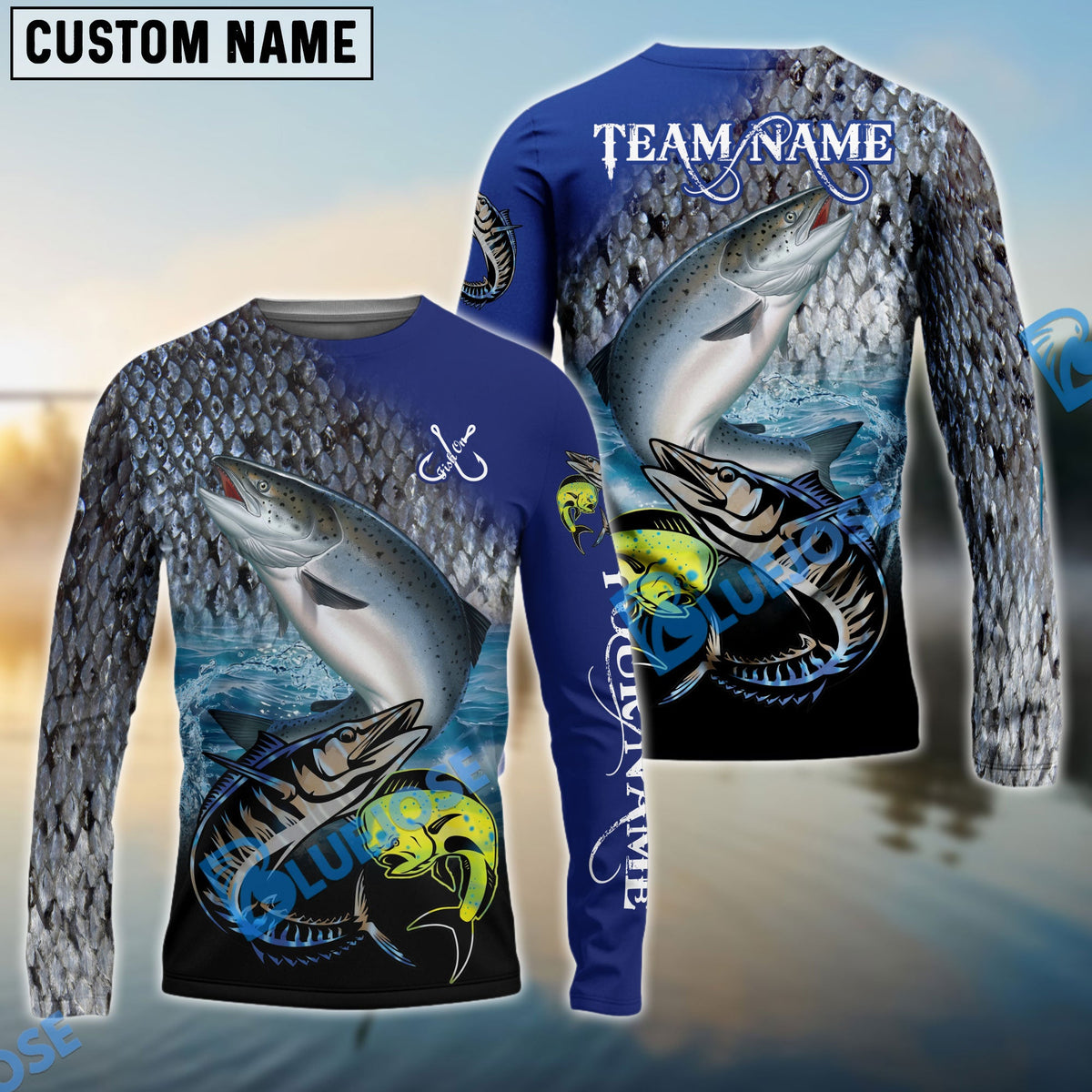 Bluejose Salmon Fishing Ocean &amp; Lake Custom Name &amp; Team Name 3D Shirts