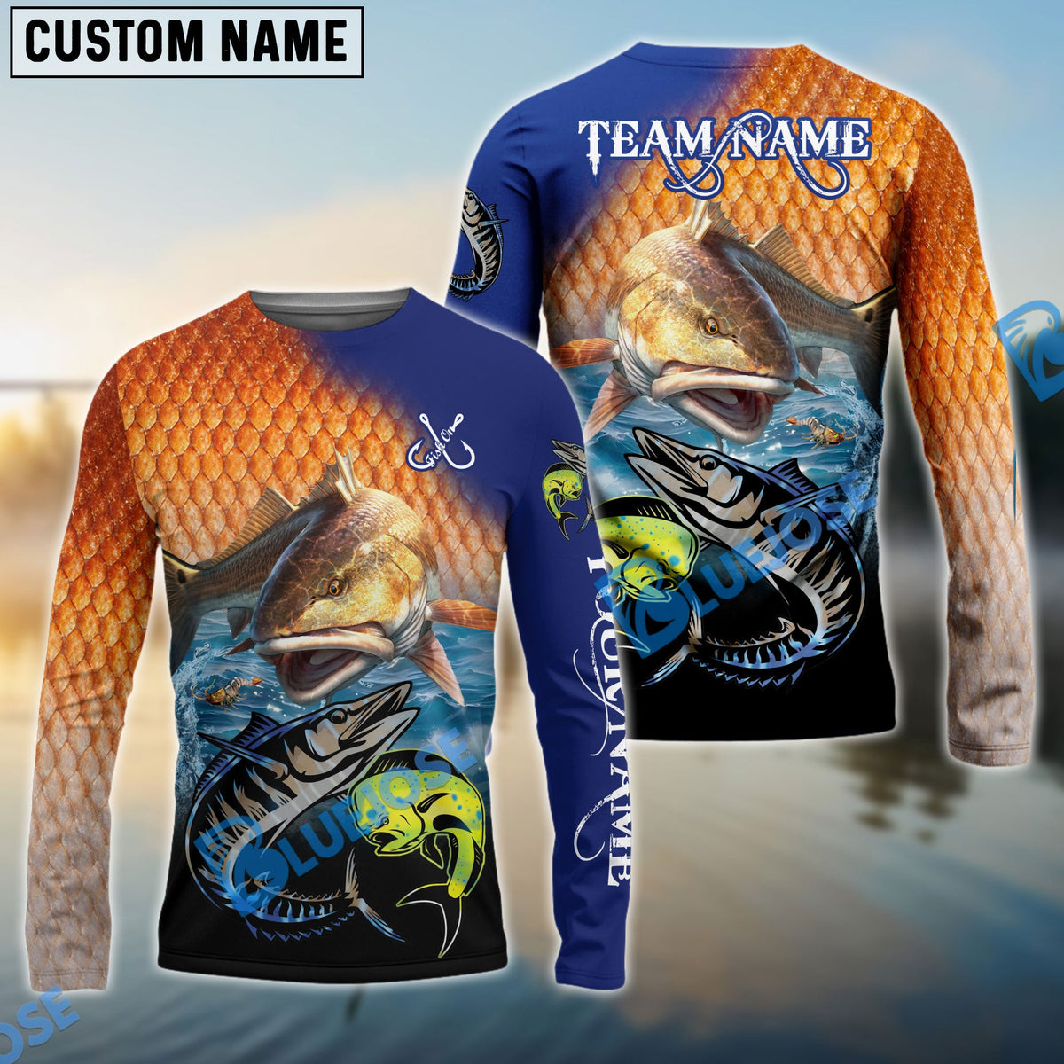 Bluejose Redfish Fishing Ocean &amp; Lake Custom Name &amp; Team Name 3D Shirts