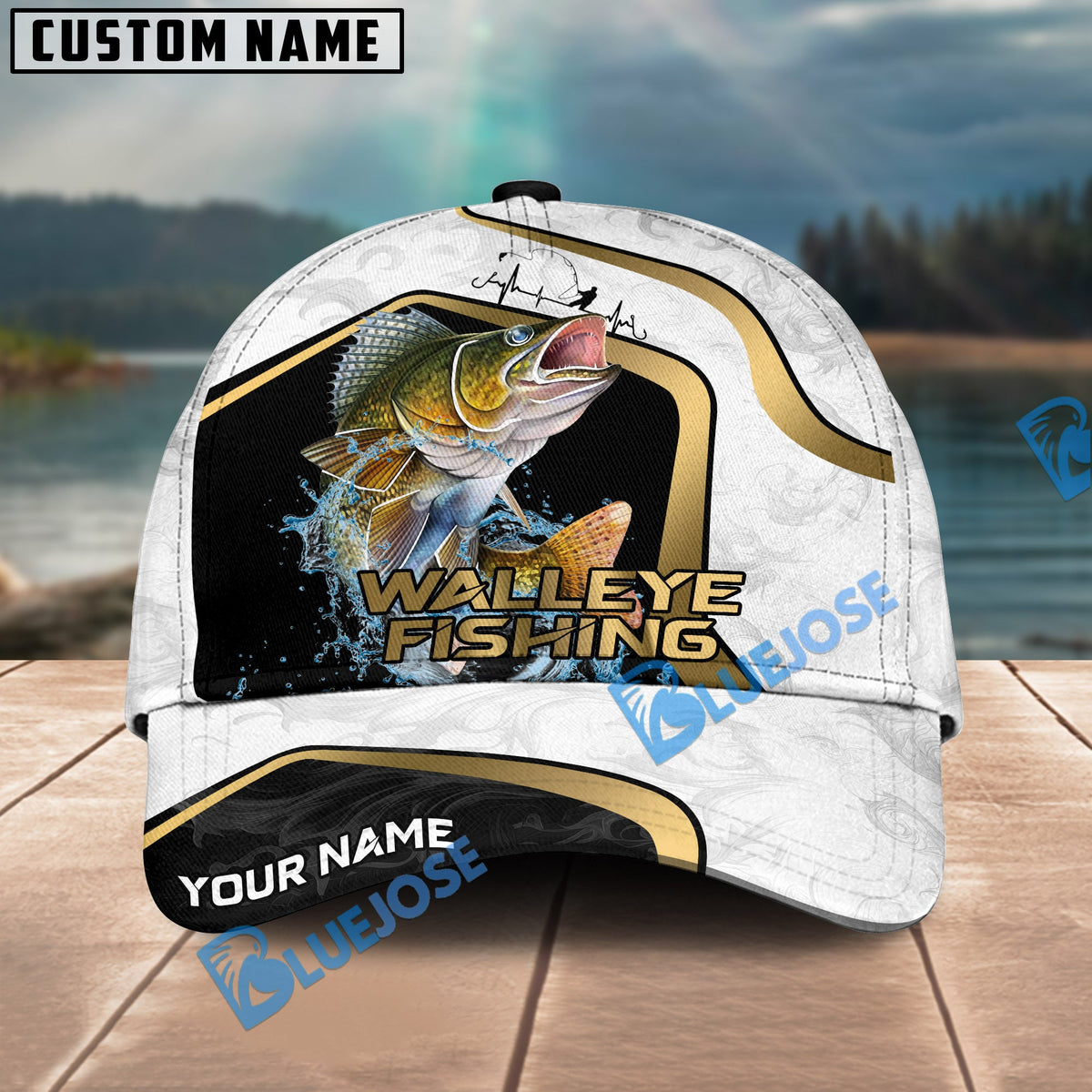 BlueJose Fishing White Marble &amp; Gold Trim Splash Heartbeat Line Personalized Cap (13 Breeds)