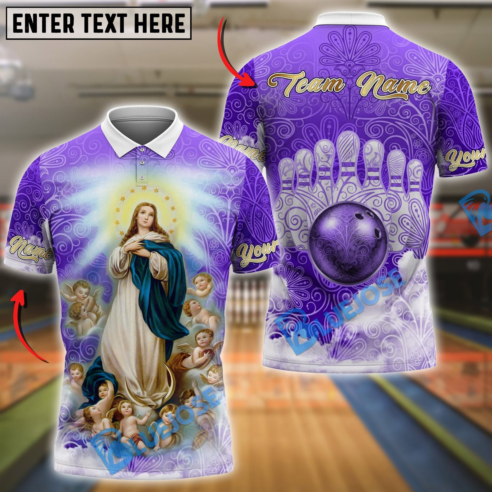 BlueJose Bowling And Pins Celestial Mother Mary Our Lady of Victory Customized Name, Team Name 3D Shirt (4 Colors)