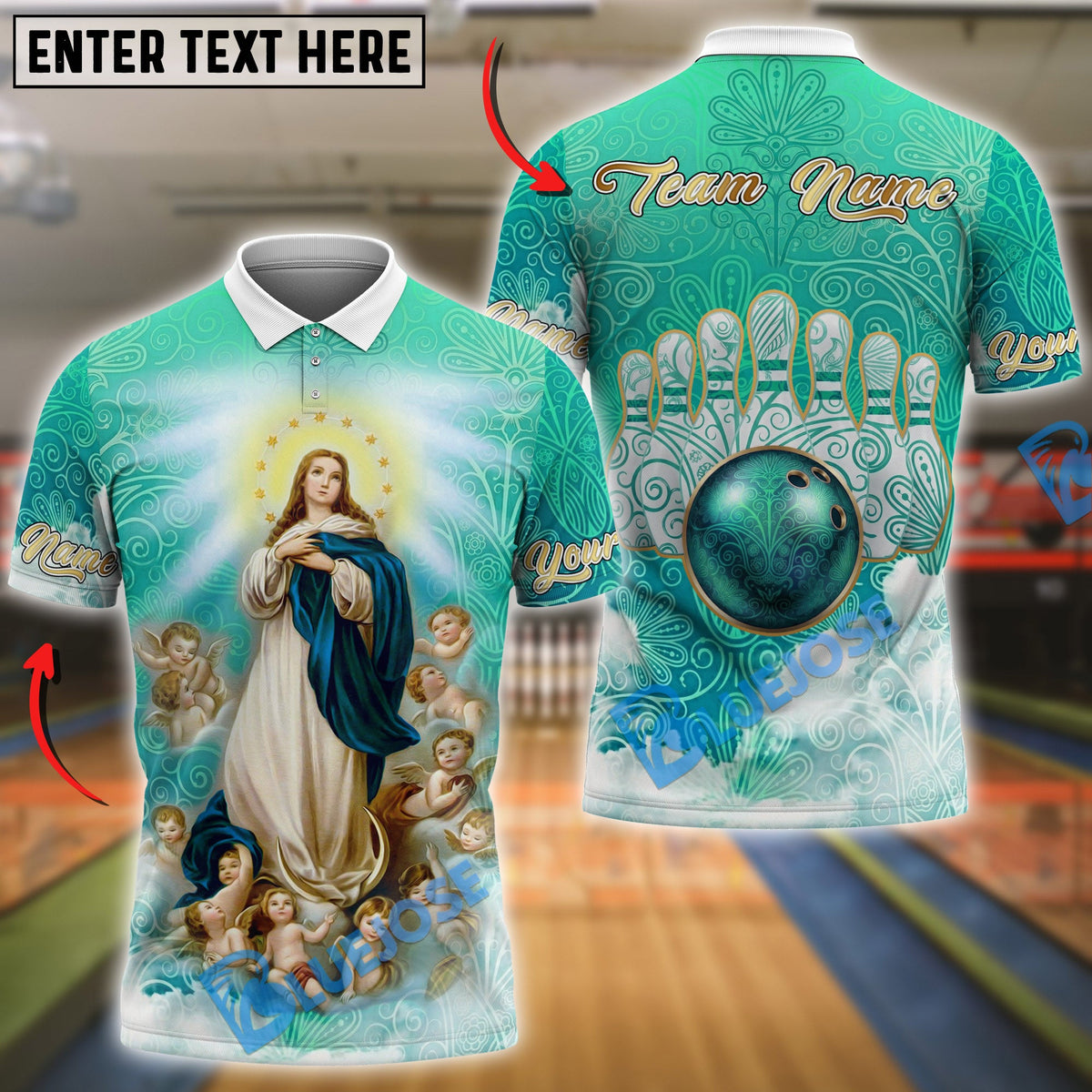 BlueJose Bowling And Pins Celestial Mother Mary Our Lady of Victory Customized Name, Team Name 3D Shirt (4 Colors)