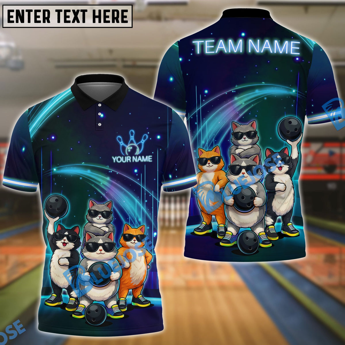 BlueJose Bowling And Pins Cat Gang Customized Name, Team Name 3D Shirt (4 Colors)