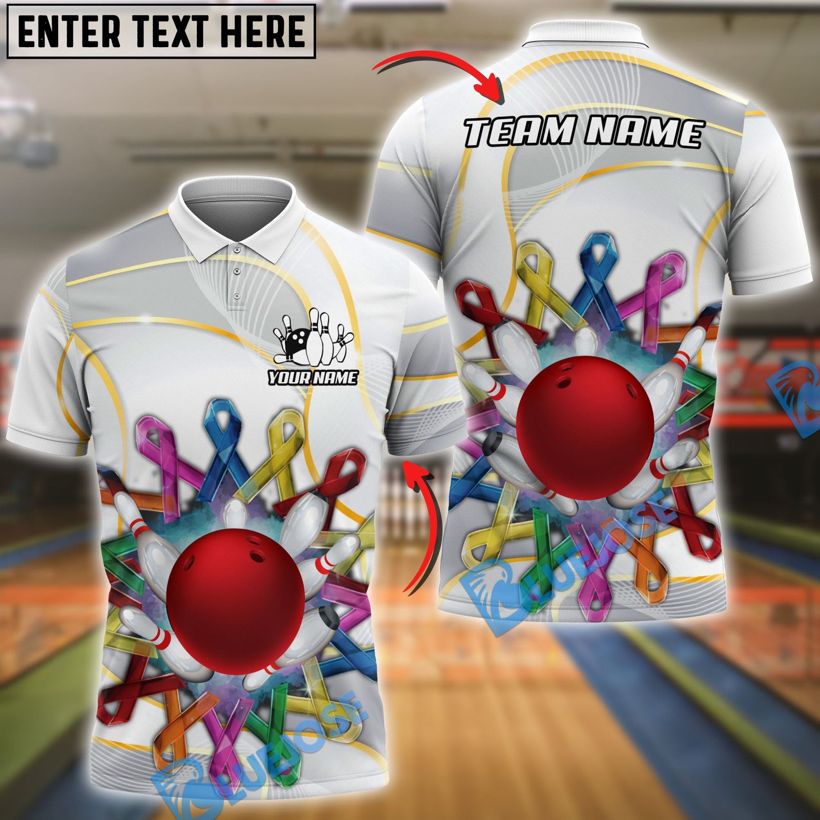 BlueJose Bowling Awareness Ribbons Black And White Personalized Shirt (2 Colors)