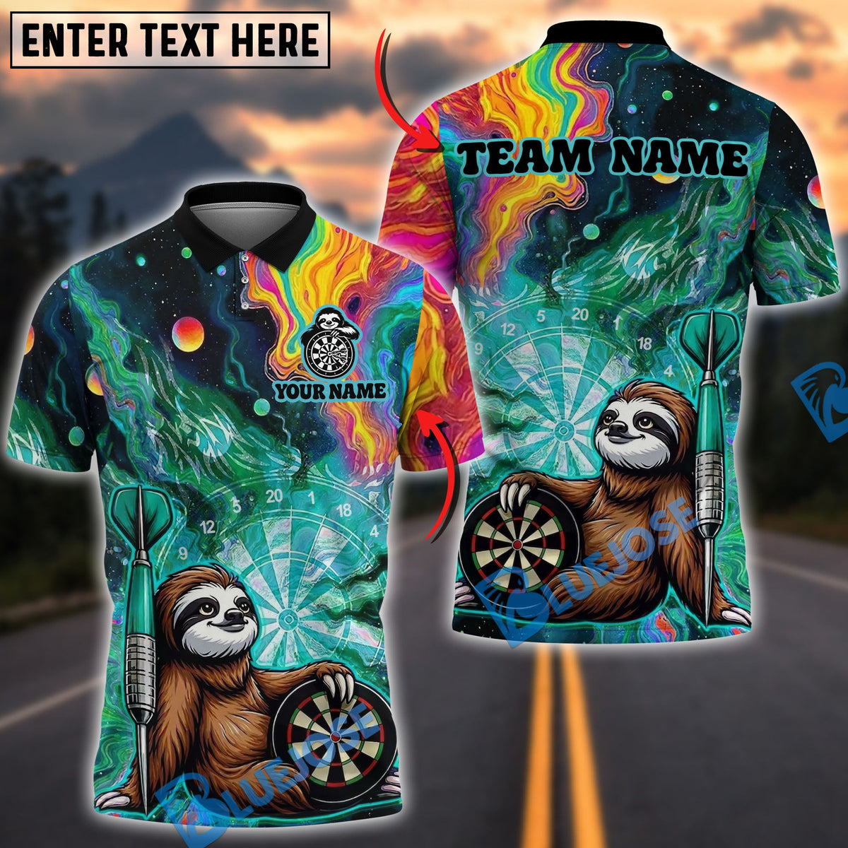 BlueJose Darts Funny Cute Sloths Design Personalized Name, Team Name Unisex Shirt (4 Colors)