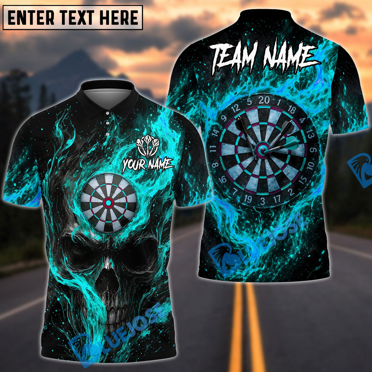 BlueJose Darts Skull Flame Curved Smoke Dartboard Design Personalized Name, Team Name Unisex Shirt (4 Colors)