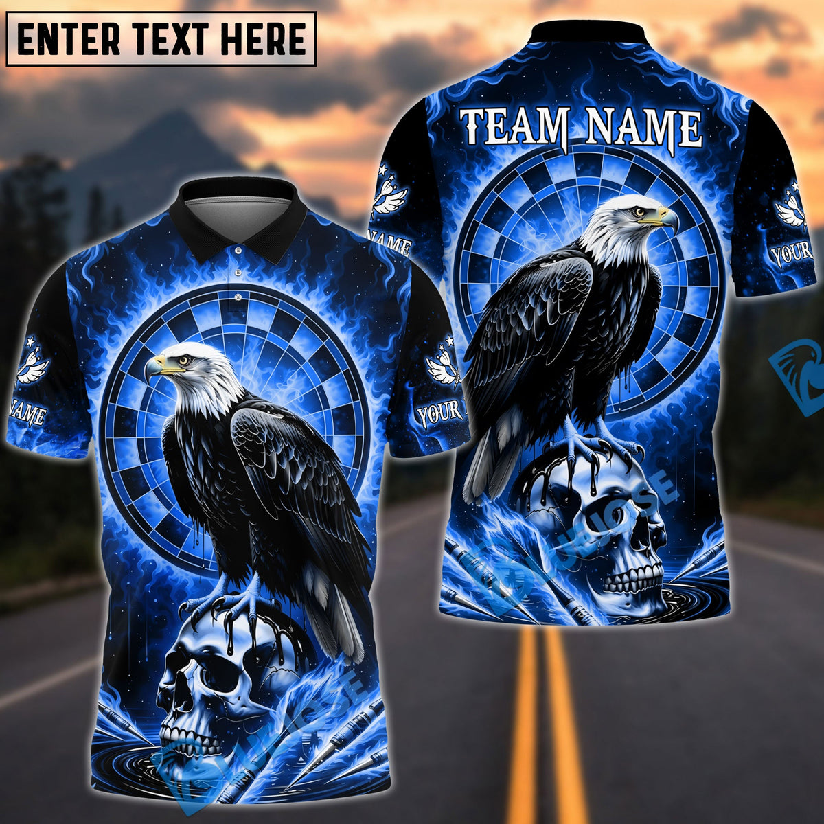 BlueJose Darts Fire Eagle On Skull Design Personalized Name, Team Name Unisex Shirt (4 Colors)