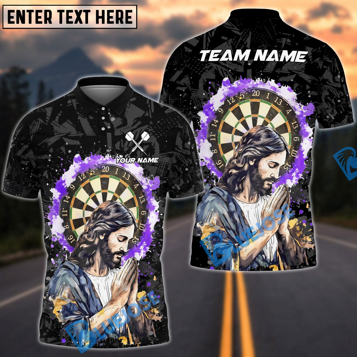 BlueJose Darts Jesus Dartboard Modern Christian Art Personalized Name, Team Name Unisex Shirt (4 Colors)