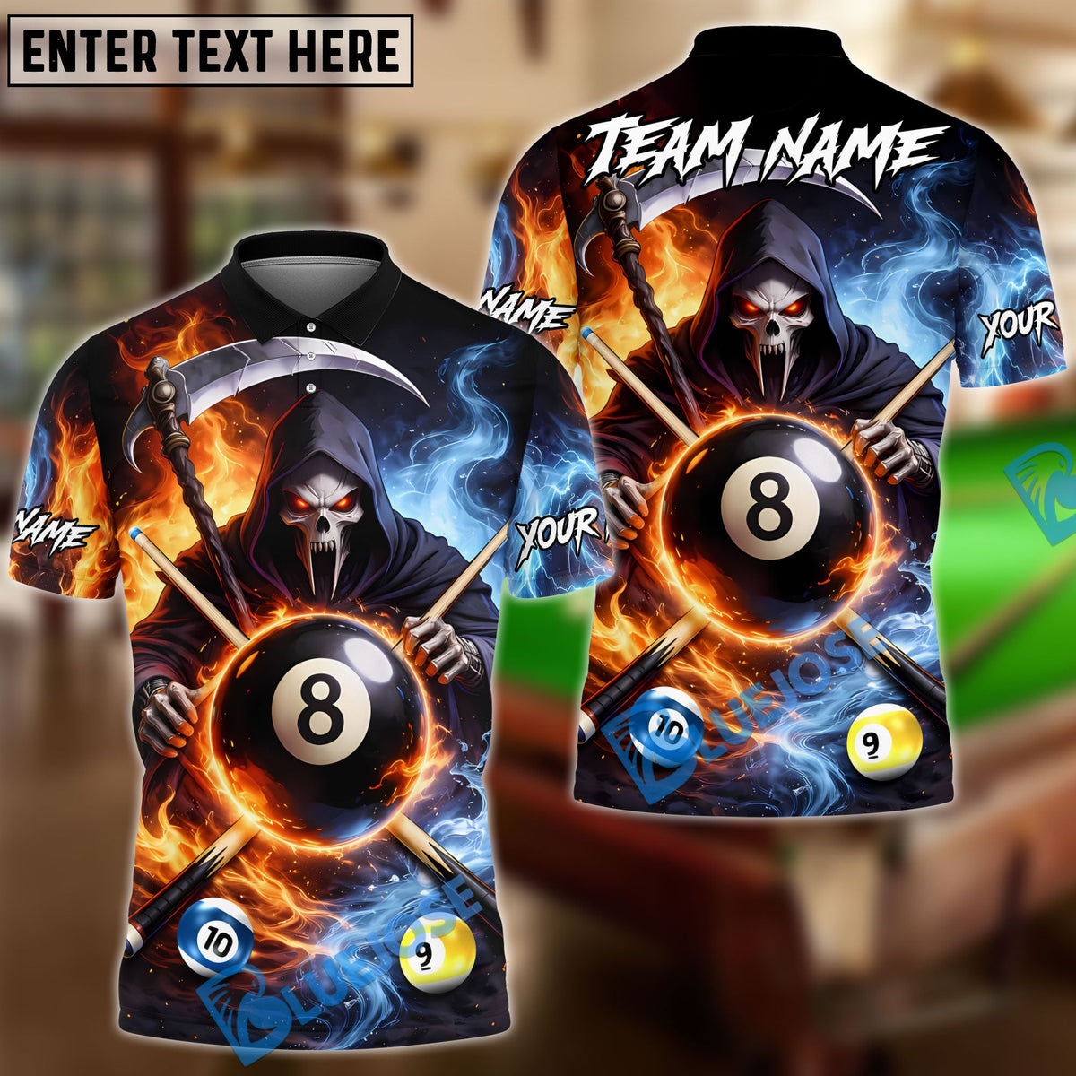 BlueJose Billiards Ball 8 &amp; 9 &amp; 10 Ice Smoke &amp; Fire Reaper Skull Personalized Name Shirt (4 Colors)