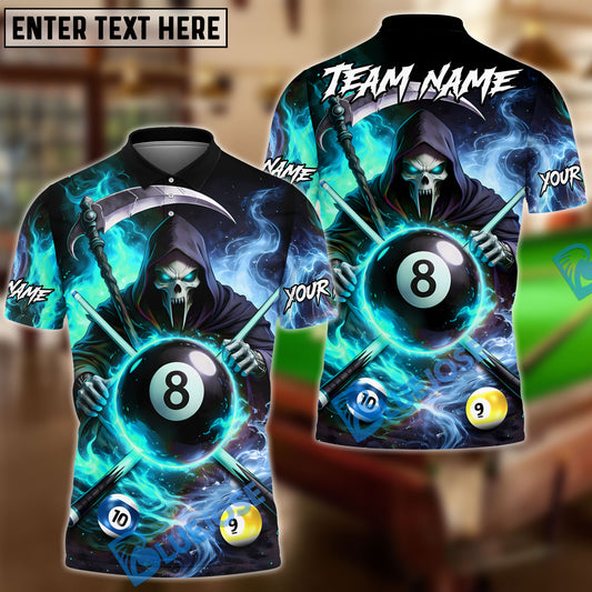 BlueJose Billiards Ball 8 & 9 & 10 Ice Smoke & Fire Reaper Skull Personalized Name Shirt (4 Colors)