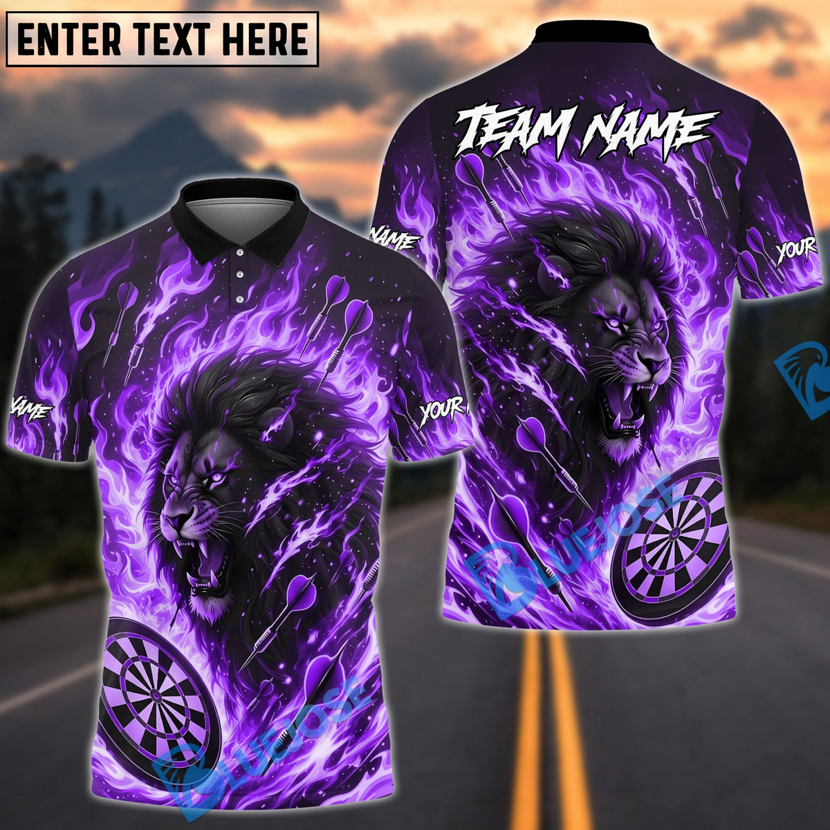 BlueJose Darts Fire Lion Flame Art Design Personalized Name, Team Name Unisex Shirt (4 Colors)