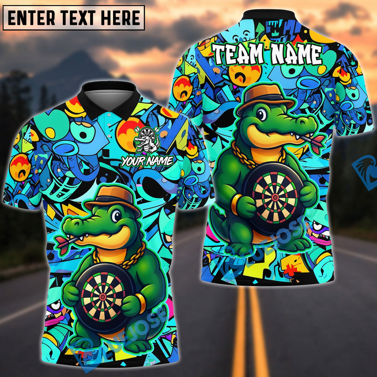 BlueJose Darts Crocodile Tough Cartoon Dartboard Design Personalized Name, Team Name Unisex Shirt (4 Colors)