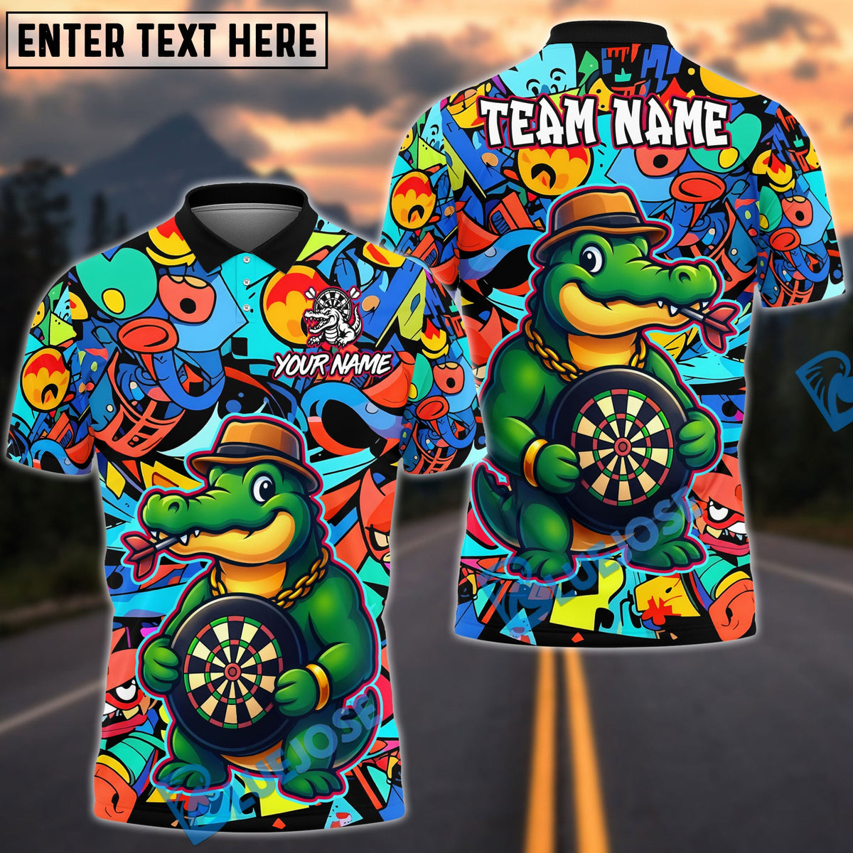 BlueJose Darts Crocodile Tough Cartoon Dartboard Design Personalized Name, Team Name Unisex Shirt (4 Colors)
