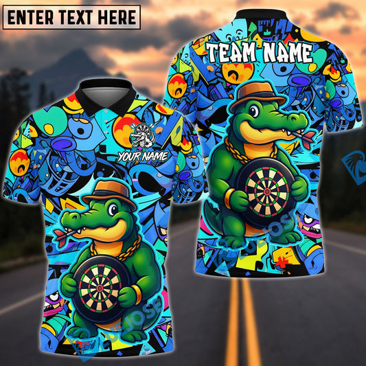 BlueJose Darts Crocodile Tough Cartoon Dartboard Design Personalized Name, Team Name Unisex Shirt (4 Colors)