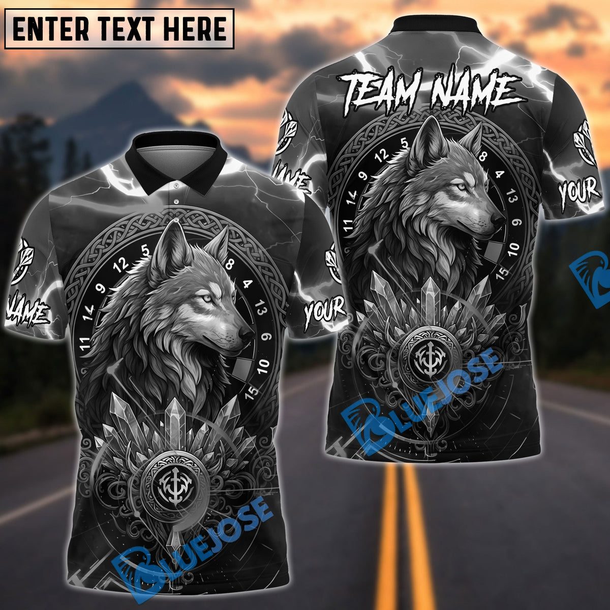 BlueJose Darts Wolf Viking Symbol Design Personalized Name, Team Name Unisex Shirt (6 Colors)