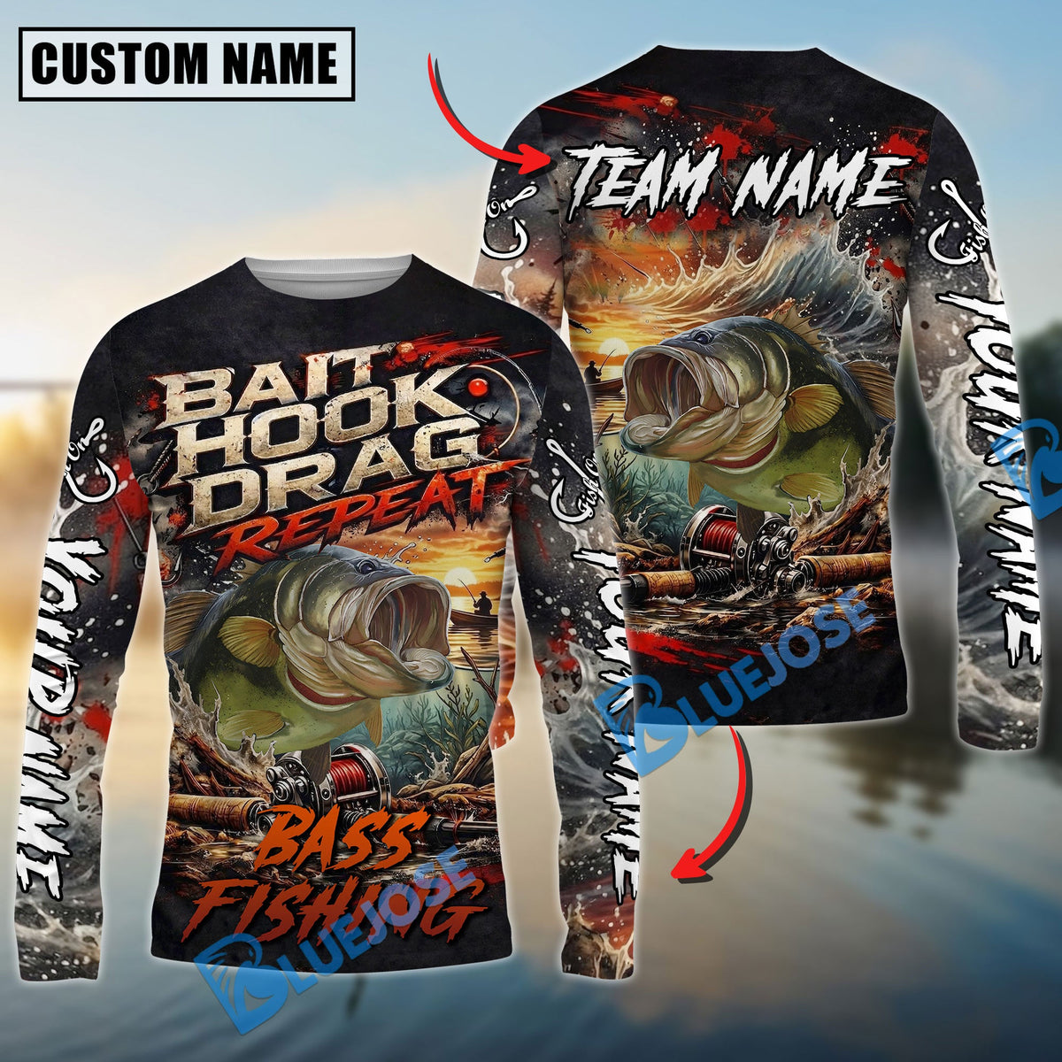 Bluejose Bass Fishing Bait Hook Drag Repeat Custom Name &amp; Team Name 3D Shirts