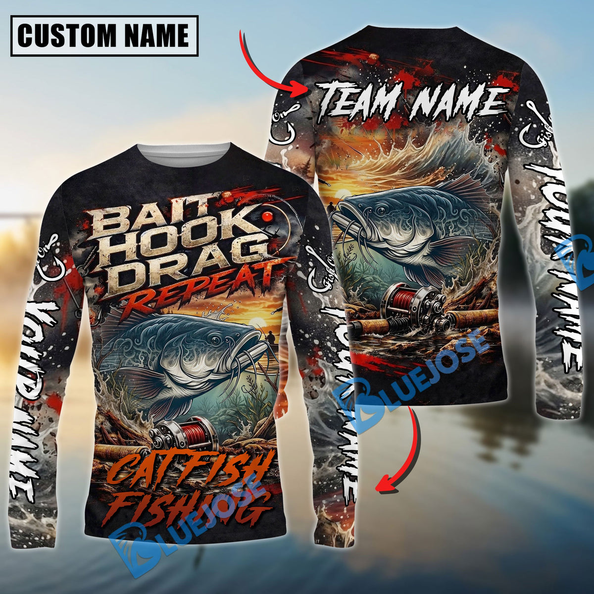 Bluejose Catfish Fishing Bait Hook Drag Repeat Custom Name &amp; Team Name 3D Shirts