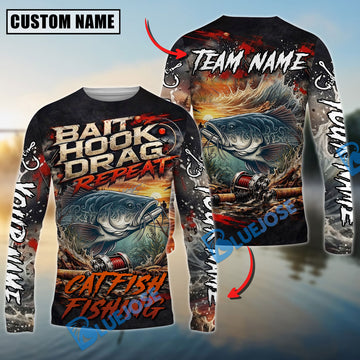 Bluejose Catfish Fishing Bait Hook Drag Repeat Custom Name & Team Name 3D Shirts