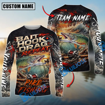 Bluejose Pike Fishing Bait Hook Drag Repeat Custom Name & Team Name 3D Shirts