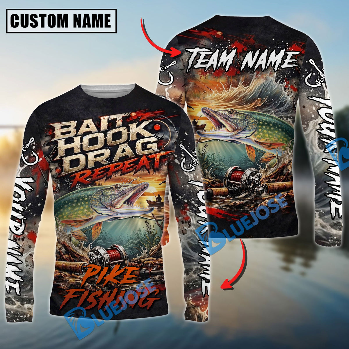 Bluejose Pike Fishing Bait Hook Drag Repeat Custom Name &amp; Team Name 3D Shirts