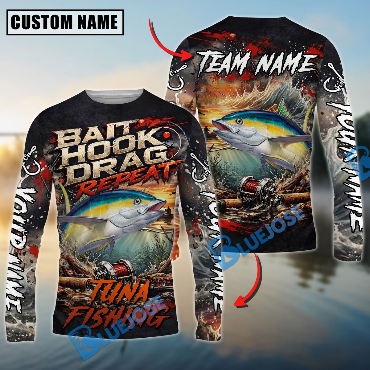 Bluejose Tuna Fishing Bait Hook Drag Repeat Custom Name &amp; Team Name 3D Shirts