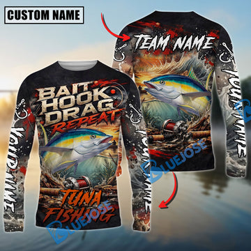 Bluejose Tuna Fishing Bait Hook Drag Repeat Custom Name & Team Name 3D Shirts