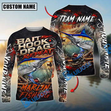 Bluejose Marlin Fishing Bait Hook Drag Repeat Custom Name & Team Name 3D Shirts